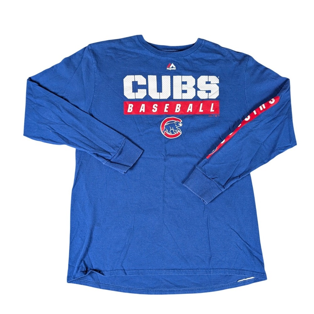 Majestic Chicago Cubs Baseball Long Sleeve Shirt Royal Blue Graphic Tee Mens M